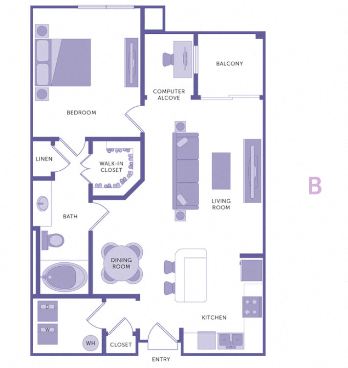 Floor plan for 1 bed, 1 bath, 777 sqft